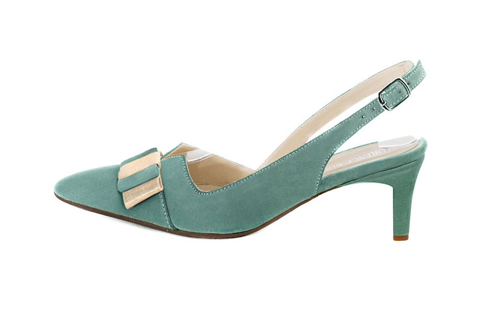 Mint green and gold women's open back shoes, with a knot. Tapered toe. Medium comma heels. Profile view - Florence KOOIJMAN